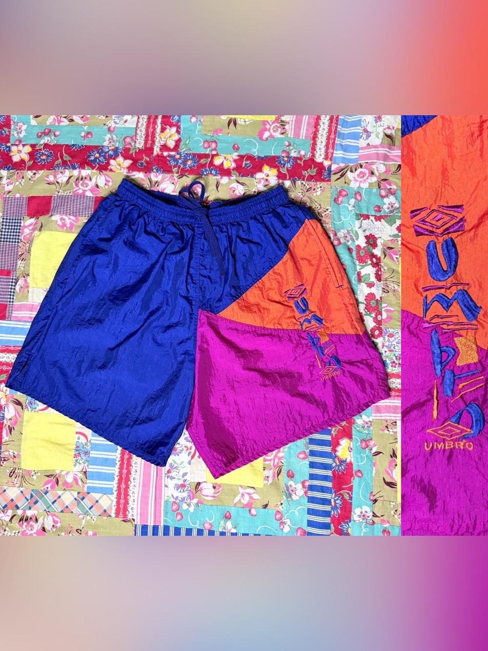 EUC Vintage 90s Umbro Soccer Shorts in Blue, Orange, Magenta - Size Medium - Picture 12 of 12